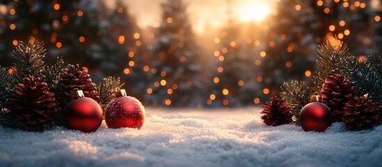 Aufkleber - Serene Christmas backdrop with snow pine cones and festive decorations illuminated by soft holiday lights