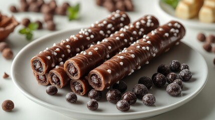 Poster - Chocolate wafer roll sticks on a white plate with chocolate balls and mint leaves arranged artistically on a minimalist background.