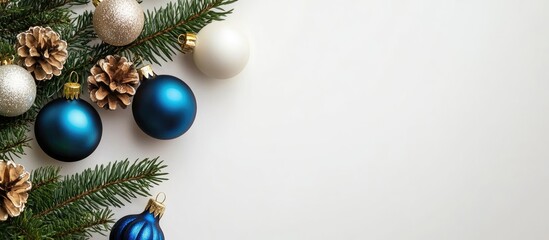 Poster - Christmas decorations and pine cones arranged on a white background creating a festive flat lay scene with ample copy space