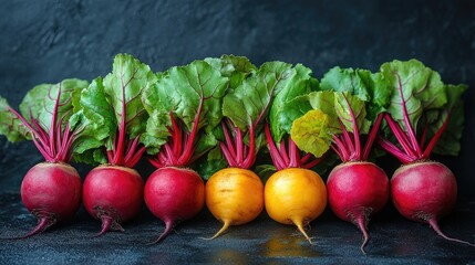 Poster - Colorful assortment of beetroots in red and golden hues with vibrant green leaves on dark background