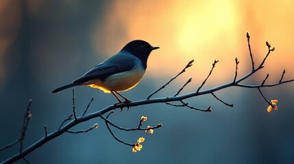 Poster - Bird silhouette on a stick branch in tranquil evening light against a blue-grey backdrop capturing serene outdoor moments at dusk.