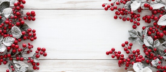 Poster - Christmas Holiday Background with Red Berries and Wooden Surface for Text Space Creative Seasonal Decor Idea