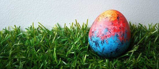 Poster - Colorful Easter egg resting on artificial green grass against a blank white background symbolizing spring and holiday festivities