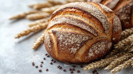 Poster - Artisan bread loaf with crusty exterior surrounded by wheat ears and scattered grains on a textured surface. Ideal for bakery promotions.