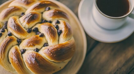 Aufkleber - Chocolate chip buns served on a plate with a cup of coffee on a rustic wooden table background