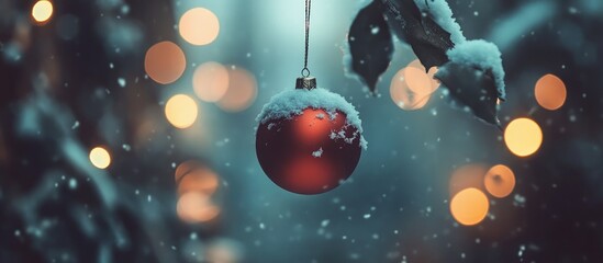 Aufkleber - Red Christmas bauble hanging with snow on leaves against a blurred background of warm lights in a serene winter setting