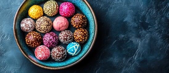 Poster - Colorful assortment of gourmet truffles in a decorative bowl on a dark textured background