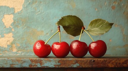 Poster - Fresh ripe cherries with vibrant green leaves on a rustic wooden surface against a textured background.