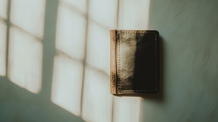 Poster - Classic leather wallet with subtle stitching displayed against a white background showcasing natural light and shadow effects.