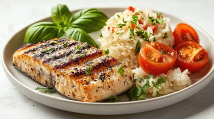 Poster - Grilled salmon with rice and cherry tomatoes on a white plate garnished with fresh basil isolated on a light background