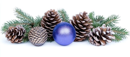 Aufkleber - Festive Christmas arrangement with pine cones and a blue ornament showcasing holiday spirit against a clean white background