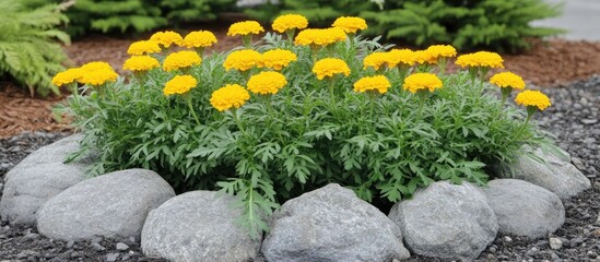 Poster - Vibrant blooming marigolds surrounded by rocks in a beautifully landscaped garden setting