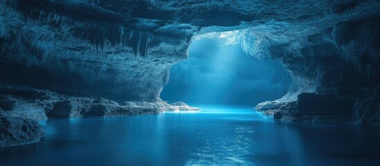 Aufkleber - Mysterious blue cave with tranquil water illuminated by soft light beams creating an enchanting underwater atmosphere