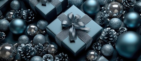 Poster - Elegant Christmas gifts and silver blue ornaments flat lay with decorative pine cones and shiny baubles for festive holiday backdrop.