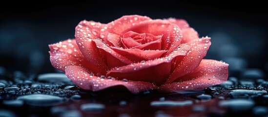 Sticker - Elegant red rose adorned with dew droplets illuminated in shadows against a dark background showcasing its natural beauty and detail.