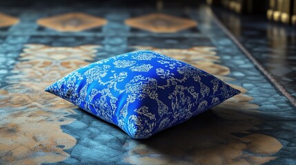 Aufkleber - Elegant blue decorative pillow on ornate rug in a stylish interior setting. Soft textiles enhance cozy ambiance for home decor inspiration.