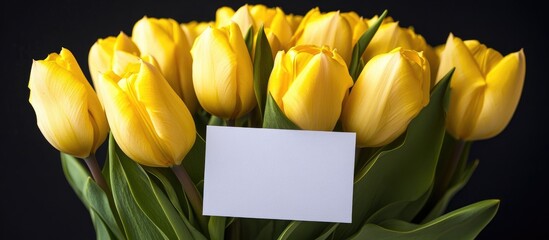 Poster - Yellow tulip bouquet with blank card on a dark background perfect for greeting cards, invitations, or special messages.