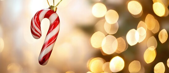 Poster - Candy cane ornament hanging with festive blurred lights creating a warm holiday atmosphere ideal for Christmas celebrations
