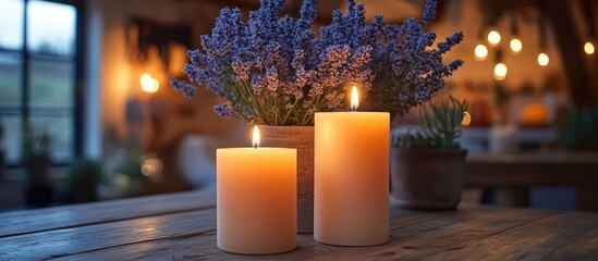 Aufkleber - Candle Arrangement with Lavender in Cozy Home Interior Setting for Relaxation and Ambiance
