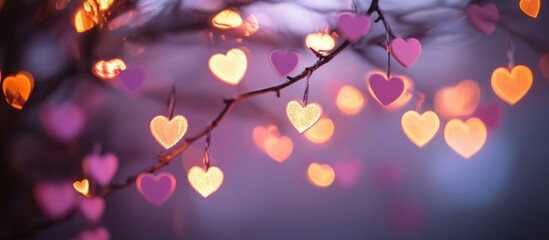Poster - Bokeh background of pink heart shaped lights creating a dreamy romantic atmosphere for celebrations and special events