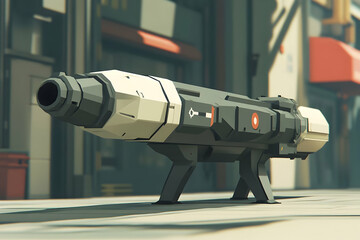 Poster - A stylized representation of a futuristic missile launcher on a city street.