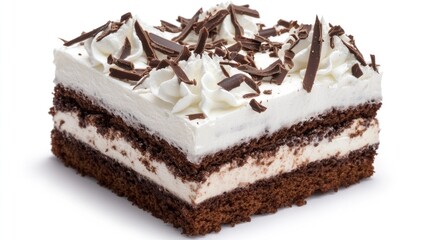 Poster - Chocolate eclair cake layered with cream and chocolate shavings on a white background showcasing indulgent dessert presentation