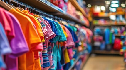 Aufkleber - Vibrant childrenâ€™s clothing store interior with colorful apparel for infants and toddlers on display during shopping season with discount signage