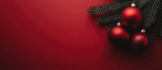 Poster - Christmas decoration with red ornaments and fir tree branches on a festive red backdrop creating a warm holiday atmosphere flat lay style