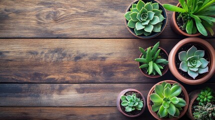Poster - Stylish arrangement of succulent plants in terracotta pots on wooden background with ample space for text showcasing home decor aesthetics