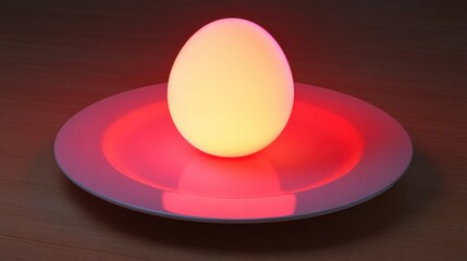 Aufkleber - Ceramic plate displaying an illuminated colorful egg against a wooden table background creating a vibrant and artistic composition