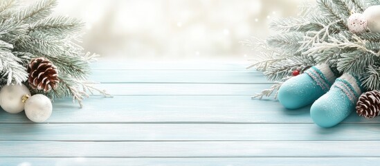 Aufkleber - Winter holiday background with snow-covered pine branches and decorative ornaments on a pastel blue wooden surface. Ideal for festive designs.