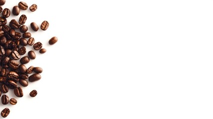 Poster - Closeup of brown roasted coffee beans on a white background showcasing dark espresso aroma and rich caffeine content for beverage lovers