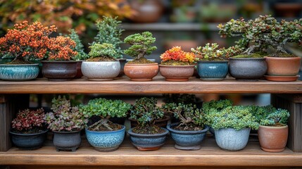 Poster - Bonsai plants arranged in decorative pots on rustic wooden shelves showcasing vibrant foliage and diverse textures