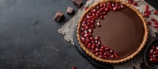Poster - Chocolate tart with caramel and pomegranate on lace napkin dark stone background holiday decorations aerial view culinary delight