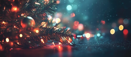 Aufkleber - Festive blurred garland lights shining on a dark background with a decorated Christmas tree creating a warm holiday atmosphere