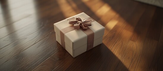 Aufkleber - Elegant gift box with ribbon on rustic wooden floor, bathed in soft natural light, ideal for holiday or special occasion themes.