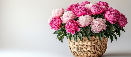 Aufkleber - Elegant peonies in a wicker basket showcasing their vibrant pink hues on a clean white backdrop perfect for floral decorations or arrangements