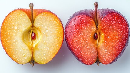 Poster - Juicy halved apple and pear with water droplets on white background showcasing fresh and vibrant fruit textures