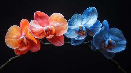 Poster - Vibrant colored orchids elegantly arranged on a black background showcasing stunning negative space artistry.