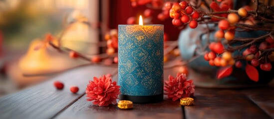 Aufkleber - Festive blue candle surrounded by red flowers and gold accents on a rustic wooden table with warm glowing ambiance and decorations