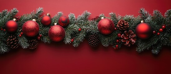 Poster - Festive Christmas decorations with red ornaments pinecones and fir branches on a vibrant red background for holiday themed designs.