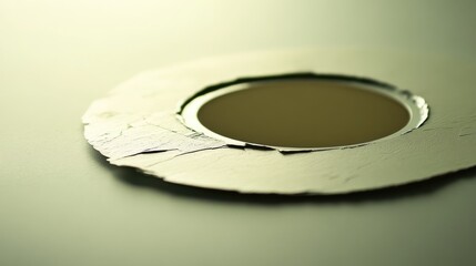 Poster - Closeup of white metal sheet with a circular hole highlighting texture and reflective surfaces in a minimalist setting