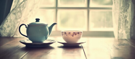 Poster - Ceramic Kettle and Elegant Tea Cup by Window with Soft Natural Light and Delicate Lace Curtains