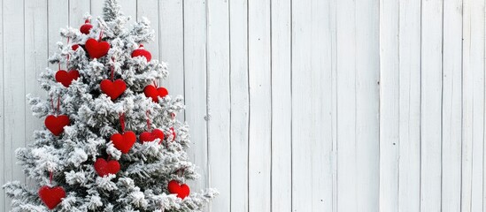 Poster - Christmas scene with decorated fir tree featuring red heart ornaments on white wooden background with ample copy space for text.