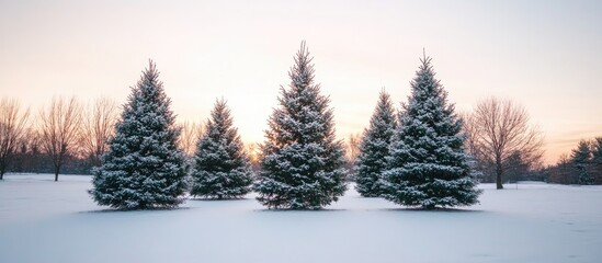Aufkleber - Scenic winter landscape featuring snow-covered evergreen spruce trees under a serene sky at sunset in a tranquil snowy setting.