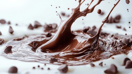 Poster - Rich chocolate and milk swirl creating an elegant splash effect on a clean white background perfect for dessert or culinary themed designs