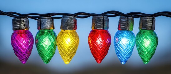 Poster - Colorful Christmas lights glowing on a dark background creating a festive holiday atmosphere for seasonal greeting cards and decorations
