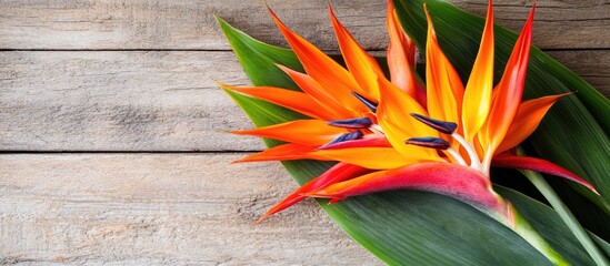 Poster - Vibrant Bird of Paradise flowers on rustic wooden surface with space for text showcasing natural beauty and elegance in home decor