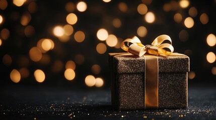 Poster - Elegant Glittering Gift Box with Bow on Dark Background and Bokeh Lights for Holiday Celebrations and Special Occasions