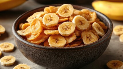 Poster - Crispy banana chips in a rustic bowl on a neutral background with fresh bananas around for a healthy snack concept